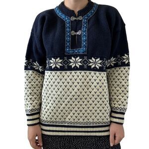 Vintage Norwool Made in Norway Blue Mens Nordic Ski Birdseye Chunky Sweater Sz L